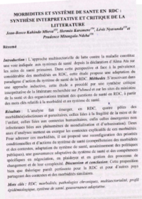 Morbidite Et Systeme De Sante En Rdc 0|Evaluation Des Connaissances Des Femmes En Age De Procreation Sur La Prevention De La Transmission Mere Enfant 0|Defis Sanitaires Aux Strategies De Recherche Universitaire En Sante En Rdc |Les Politiques De Lislam En Afrique |Politiques Et Systemes De Sante En Rdc