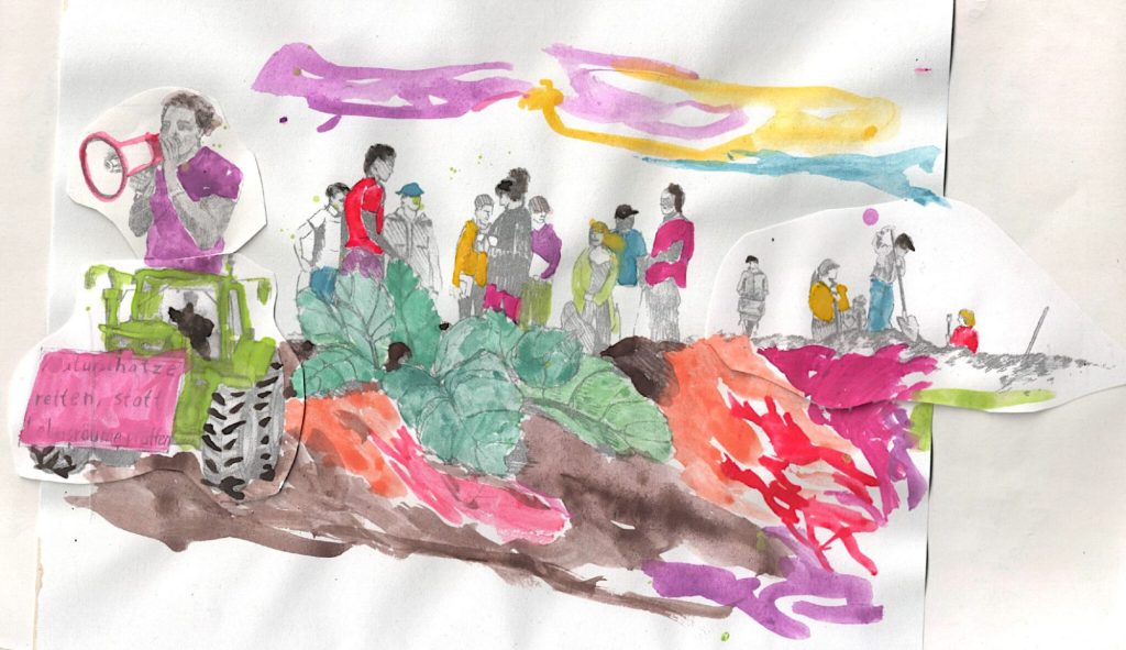 Towards another food system, illustration issue d'un travail collectif d'un workshop organisé par le collectif Common ecologies Trouvé ici : https://commonecologies.net/essays/farming-and-its-others-and-other-ways-of-farming/ Autorisation d'utiliser l'image par le collectif et la graphiste|Illustration sur la paysannerie de Amanda Priebe pour Common Ecologies © Common Ecologies / Amanda Priebe