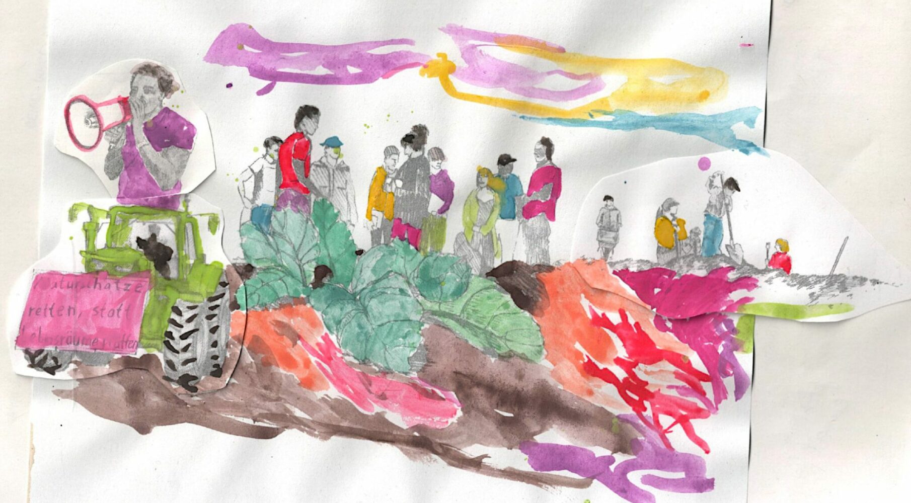 Towards another food system, illustration issue d'un travail collectif d'un workshop organisé par le collectif Common ecologies Trouvé ici : https://commonecologies.net/essays/farming-and-its-others-and-other-ways-of-farming/ Autorisation d'utiliser l'image par le collectif et la graphiste|Illustration sur la paysannerie de Amanda Priebe pour Common Ecologies