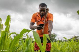 Photo d'un agriculteur tenant un smartphone dans son champs