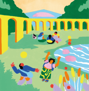 Couverture du receuil d'actions pour un campus sans discriminations raciale, co-réalisé avec le pôle académique de Namur et Uni4Coop et illustrée par Matthieu OSSONA DE MENDEZ. L'illustration montre un paysage apaisant et coloré avec des étudiant·es issu·es de la diversité culturelle qui dialoguent harmonieusement. Un pont romain jaune en arrière plan illustre la dimension académique, les sciences et les savoirs, de manière poétique et suggérée. Un étang apparait en milieu droit de l'image ainsi que de la verdure. Des étudiant·es s'échangent des boules de couleur qui représentent leur bagage culturel.