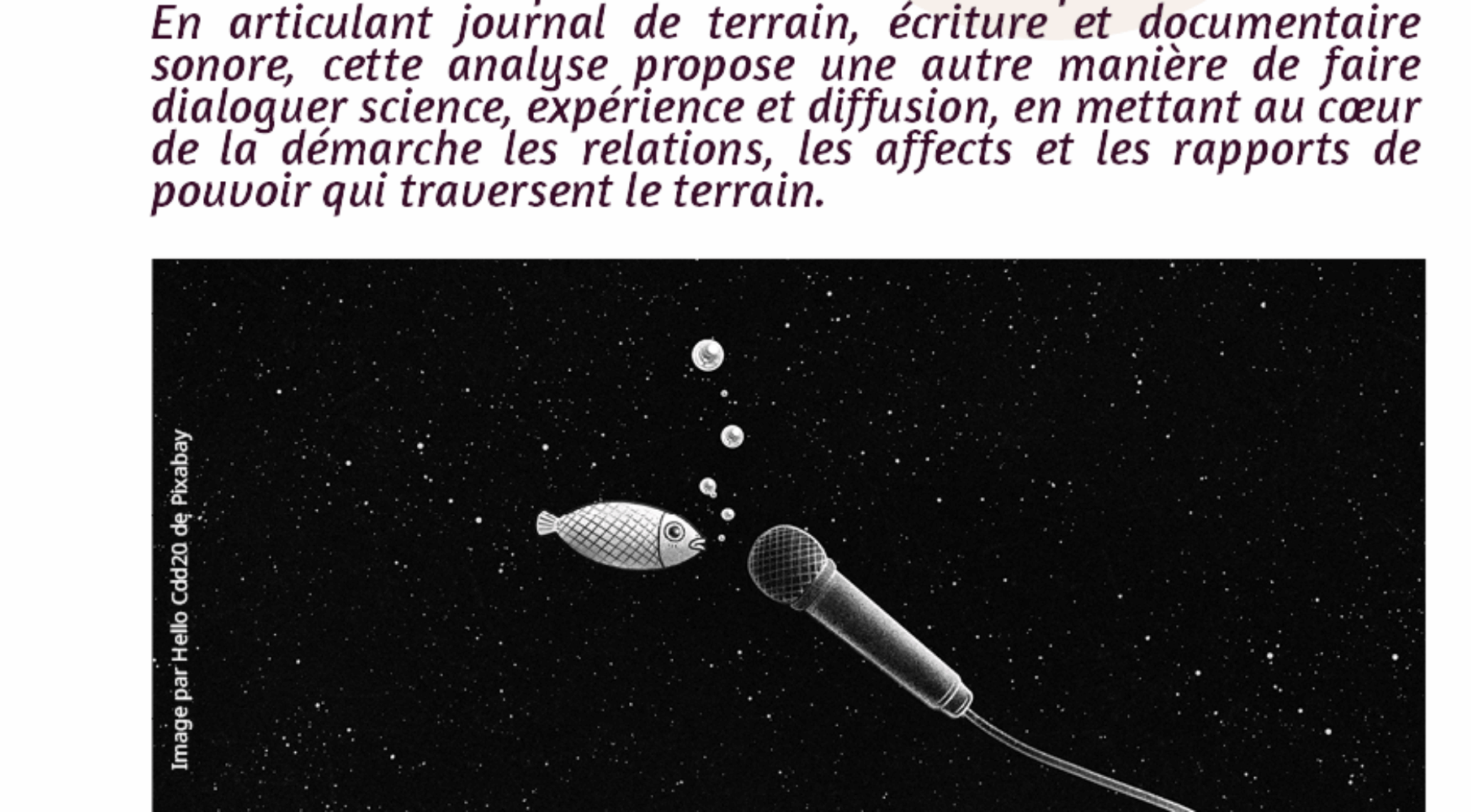 Couverture de l'analyse de Eva Renier, montrant une image poétique d'un poisson qui parle dans un micro, faisant référence à la transmission sonore des savoirs.