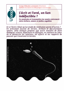 Couverture de l'analyse de Eva Renier, montrant une image poétique d'un poisson qui parle dans un micro, faisant référence à la transmission sonore des savoirs.