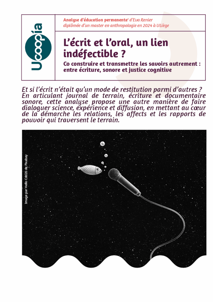 Couverture de l'analyse de Eva Renier, montrant une image poétique d'un poisson qui parle dans un micro, faisant référence à la transmission sonore des savoirs.
